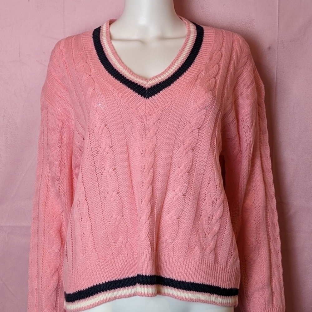 Streetwear Society Pink Cable Knit Preppy Barbie V Neck Pullover Sweater Small